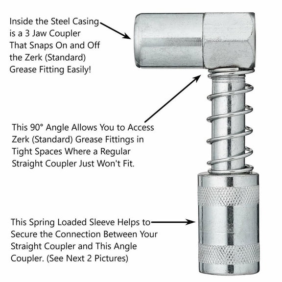 90 Grease Coupler Adapter 3-Jaw Locking, Spring-Loaded Leak-Free Design, 3000-4500 PSI, 1 Pack