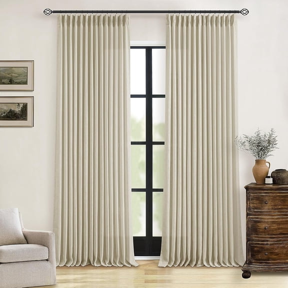 90 Inch Linen Pinch Pleated Curtains 2 Panels Semi Sheer Light Filtering Beige Tan 40 W x 90 L