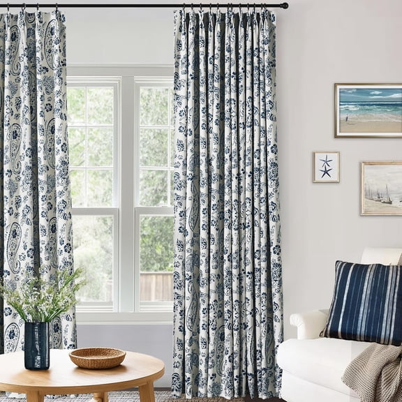 90 Inch Long Modern Pinch Pleat Blackout Window Curtains, 2 Panel Set, Dark Blue Floral Printed Patterned Drapes for Living Room