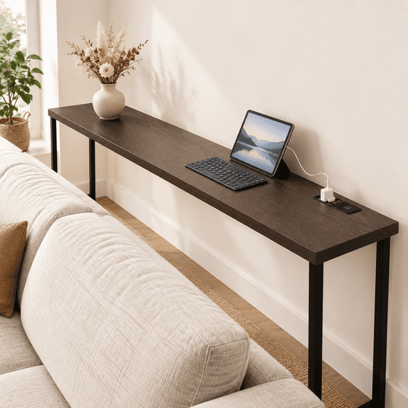 Divan Table 90 Inch Narrow Sofa Table With Power Outlet Extra Long Console Behind ...
