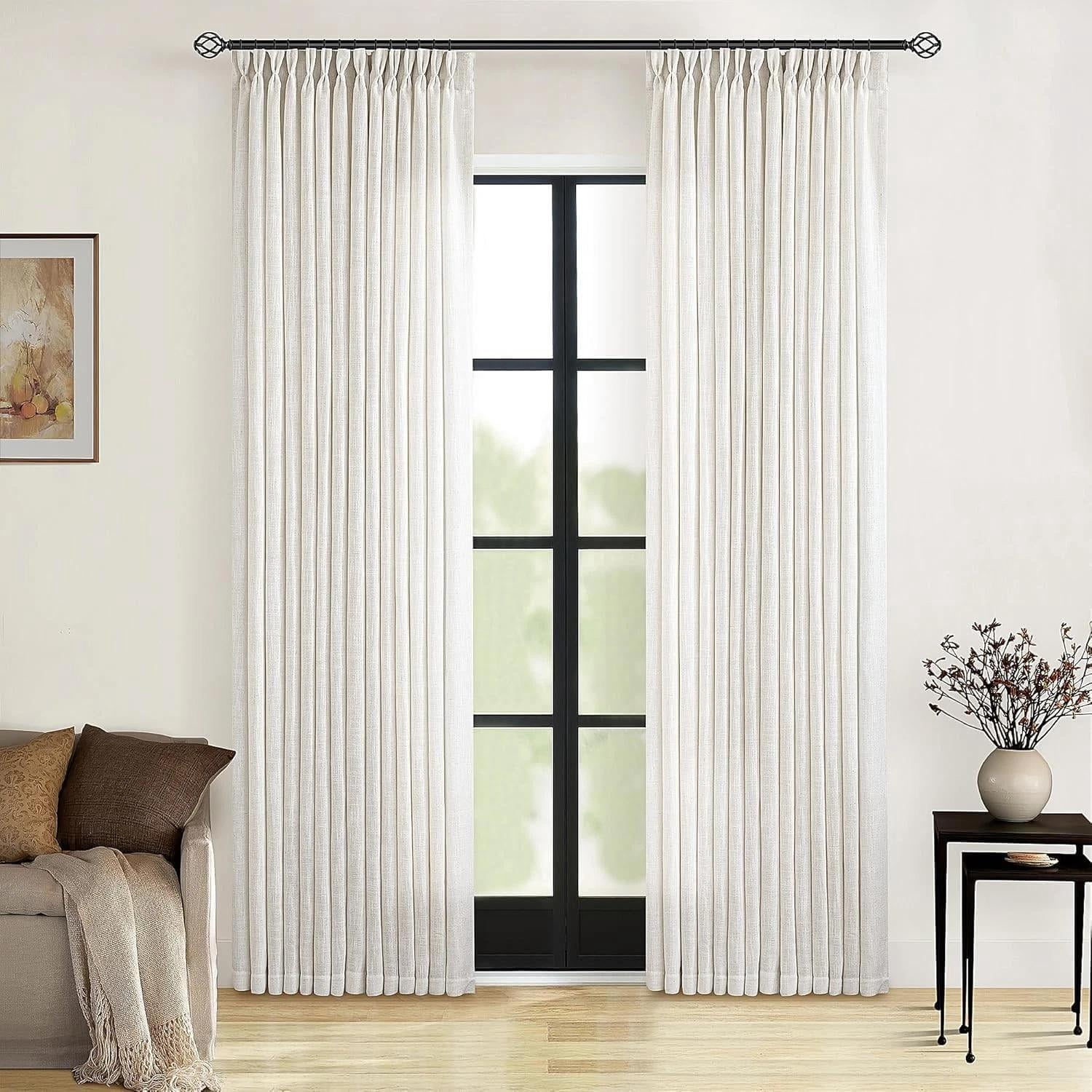 Natural Drapery 90 Inch Pinch Pleated Linen Curtains 2 Panel Set for Living Room Cream ...