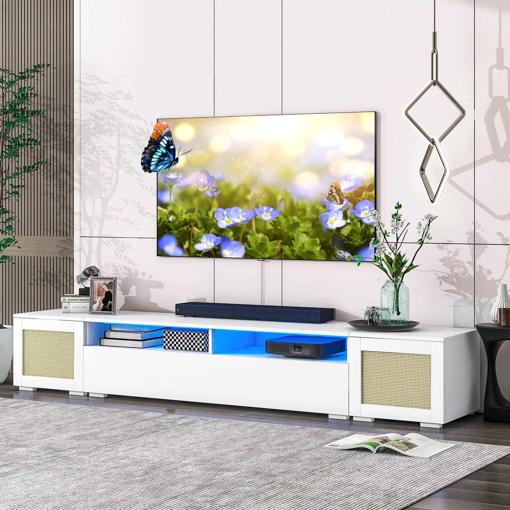 90 Inch TV Stand with LED Lights, LED Boho Entertainment Center with