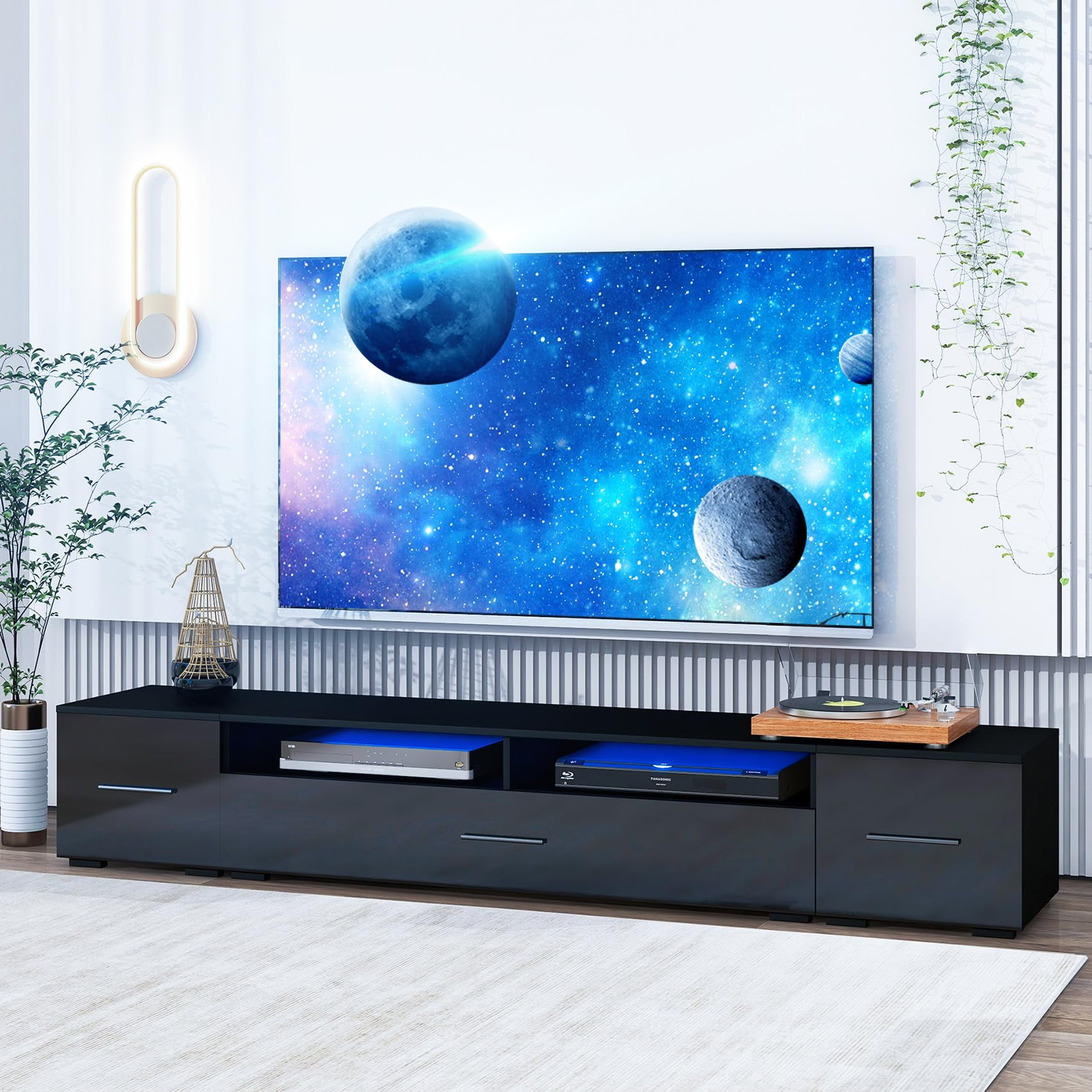 90 Inch TV Stand with LED Lights, High Gloss LED Entertainment Center