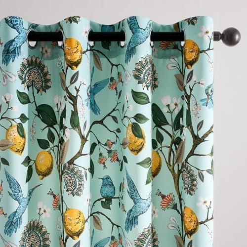 90 Inches Long Curtains Mint Green Whimsical Woodland Leaf Jungle Flower Hummingbird Victorian Grommet Thick Sage Green Curtains for Balcony Sliding Glass Office Bedroom Living Room