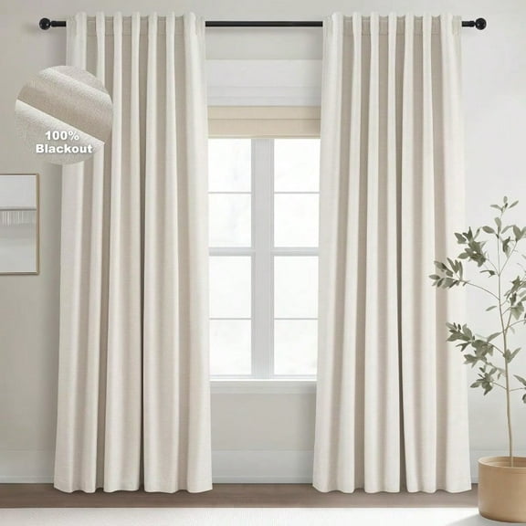 90 Inches Long Full Blackout Linen Curtains for Bedroom Pinch Pleat Black Out Curtains Viral Farmhouse Modern Lined Track Drapes 2 Panels Set for Living Room Sliding Door Winter