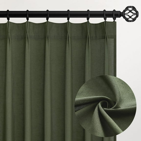 90 Inches Long Linen Curtains for Living Room 2 Panels Set,Back Tab Pinch Pleated Hooks Track System Olive Green Semi Sheer Window Curtain Drapes for Bedroom,Modern Neutral Decor,40"x90"