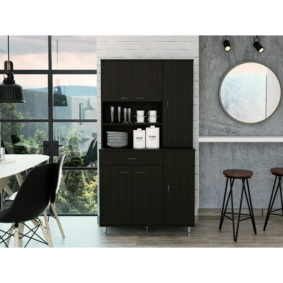 90 Kitchen Pantry In Black - With One Drawer, Multiple Cabinets And Two Open Shelves For Efficient Organization Of Dishes, Pots, Pans Household Necessities With & Optimal Organizing Accessories