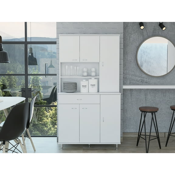 90 Kitchen Pantry Cabinet In White, Two Open Shelves, One Drawer & Multiple Cabinets For Pots Storage Cabinet, Extra Feature, Shelves Drawer, Stores Dishes, Pots, Pans, Roasting Pans And More