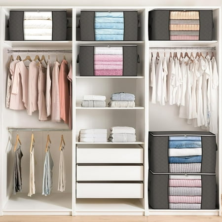 90 L Large Storage Bags, 10 Pack Clothes Storage Bins Foldable Closet Organizers Storage Containers with Reinforced Handle for Clothing, Blanket, Comforters, Bed Sheets, Pillows (Gray)