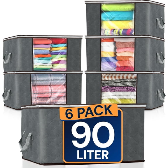 90 L Large Storage Bags, 6 Pack Clothes Storage Bins Foldable Closet Organizers Storage Containers with Reinforced Handle for Clothing, Blanket, Comforters, Bed Sheets, Pillows and Toys (Gray)