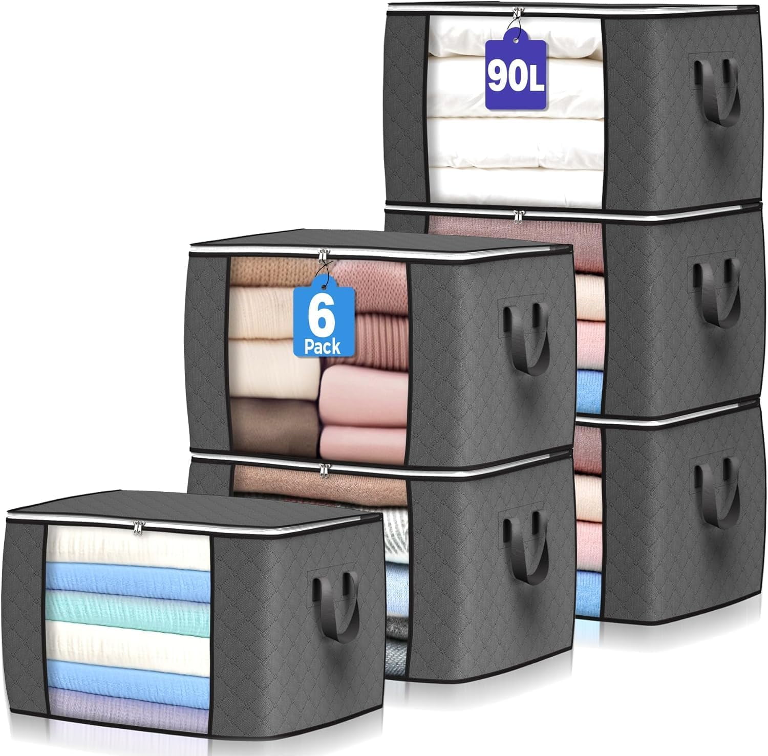 90 L Large Storage Bags, 6 Pack Clothes Storage Bins Foldable Closet Organizers Storage Containers with Reinforced Handle for Clothing, Blanket, Comforters, Bed Sheets, Pillows and Toys (Gray) - Walmart.com