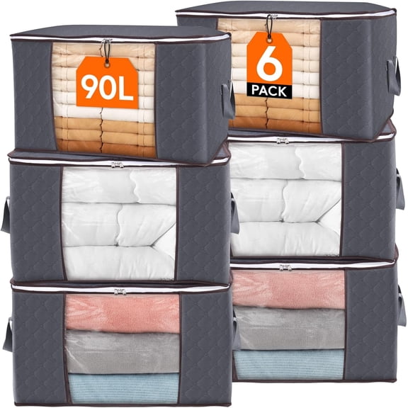 90 L Large Storage Bags, 6 Pack Clothes Storage Bins Foldable Closet Organizers Storage Containers with Reinforced Handle for Clothing, Blanket, Comforters, Bed Sheets, Pillows and Toys (Gray)