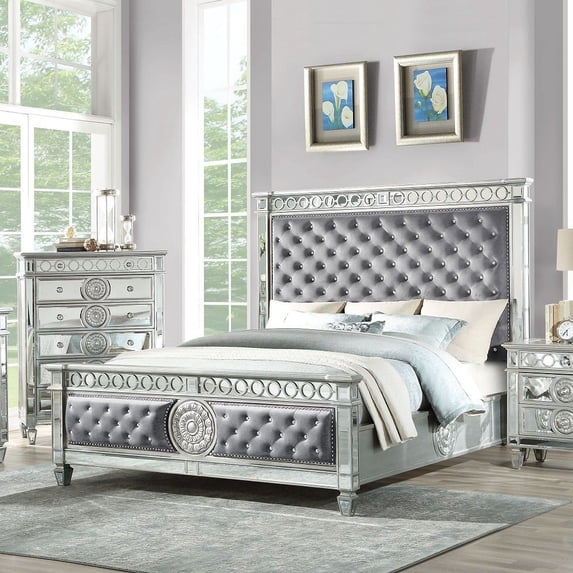 90''L X 68''W X 72''H Queen Bed, Gray Fabric & Mirrored Wiith Raised Geometric Trim & Sunburst Motifs