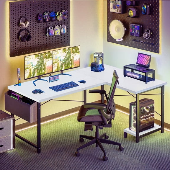 L Shaped Gaming Desk, 50 Inch Reversible Corner PC Work Table for Writing Study, Wood Tabletop and Metal Frame, CPU Stand Side Bag for Home Office Small Space, White