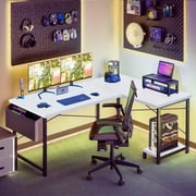 L Shaped Gaming Desk, 50 Inch Reversible Corner PC Work Table for Writing Study, Wood Tabletop and Metal Frame, CPU Stand Side Bag for Home Office Small Space, White
