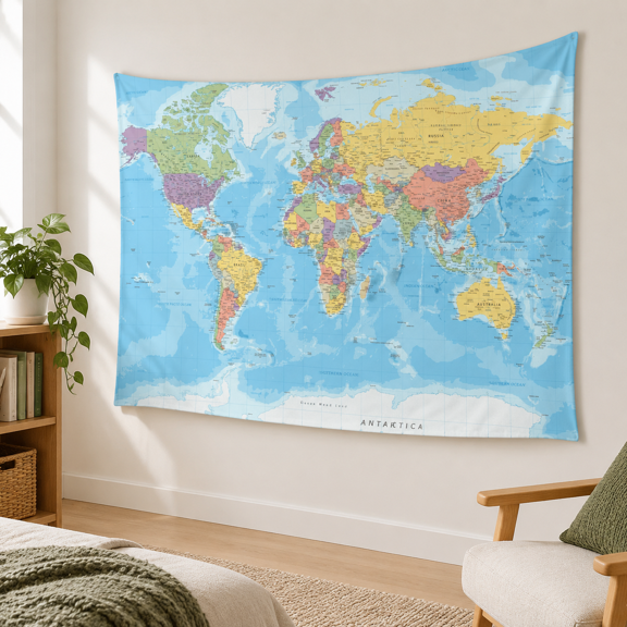90"L x 60"W World Map Wall Hanging Tapestry Home Decor for Teachers and Students