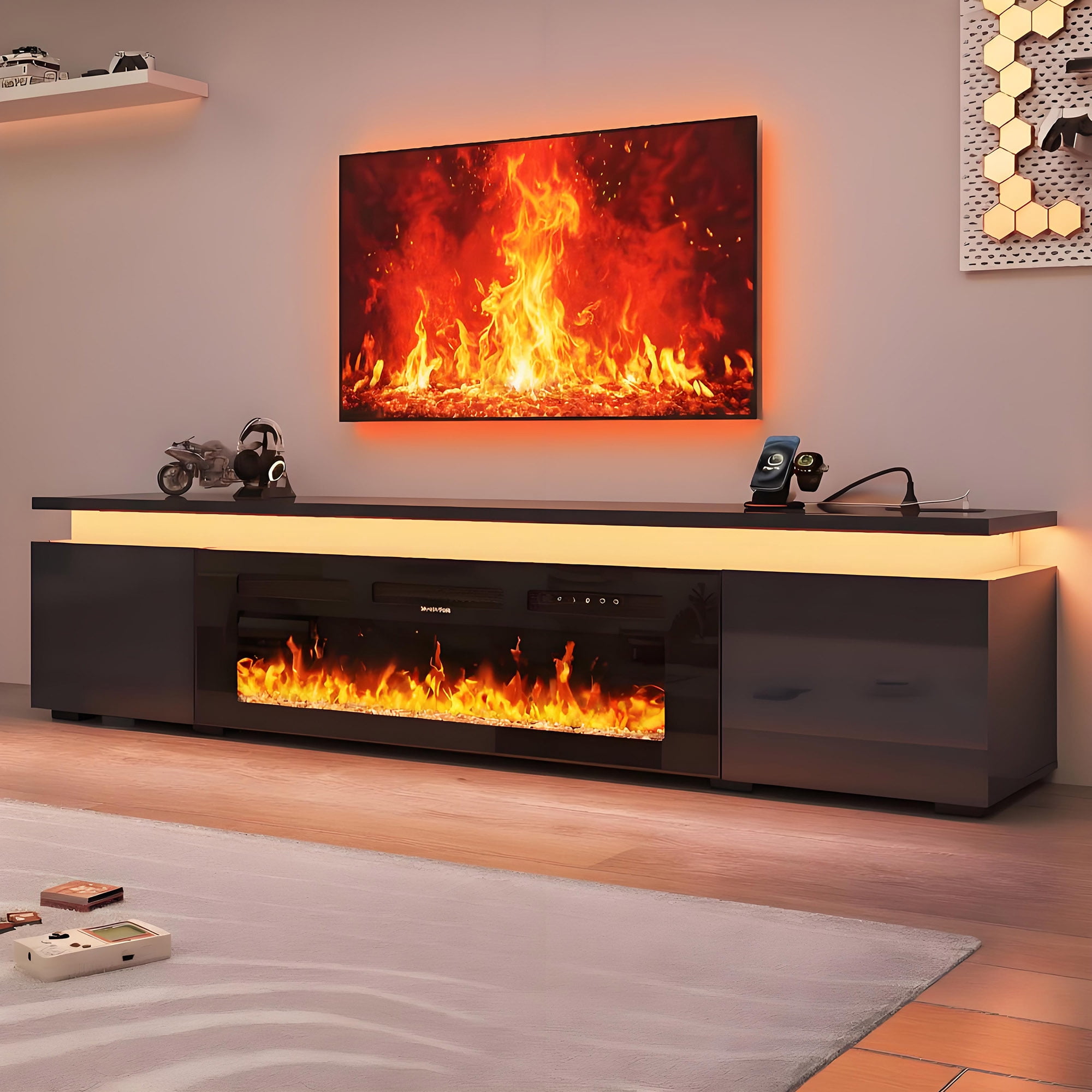 90" LED TV Stand with 50" Fireplace for 98 100 inch TVs, Glossy Fireplace TV Stand Gaming Entertainment Center with Power Outlet for Modern Living Room