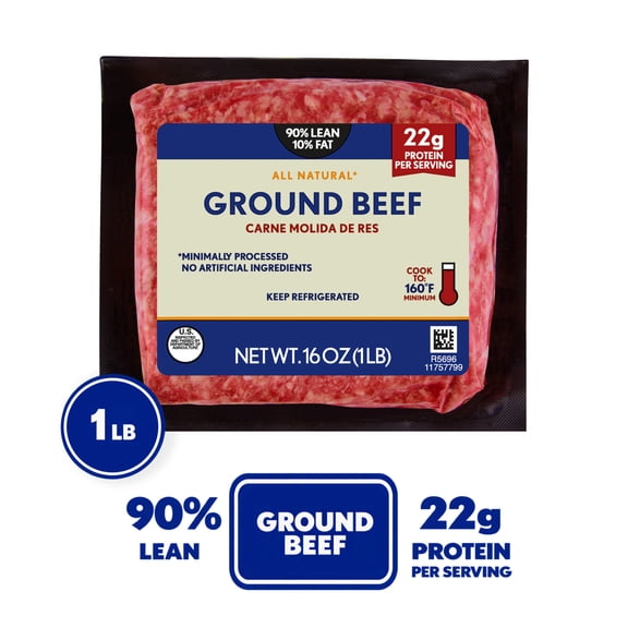 Ground Beef, 90% Lean/10% Fat, All Natural*, 22g Protein per Serving, 1 lb, Fresh