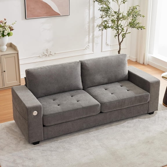 90" Long Oversized Cloud Couch, 114 Pounds Mid Century Chenille Sofa, No Assembly Required & Deep Seat,with USB Charging Ports & Side Pockets and Wood Frame, Perfect for Living Room, Apartment, Office