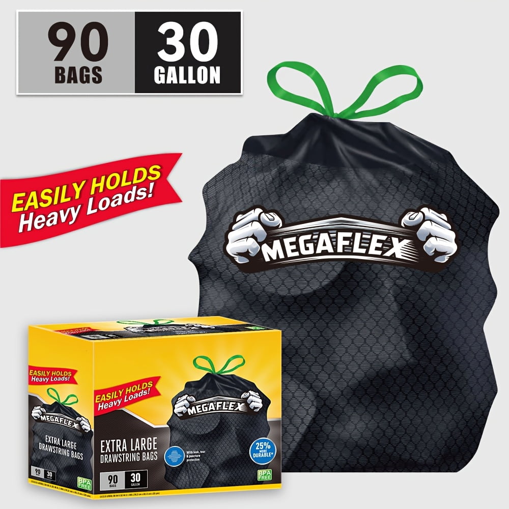 90 MEGAFLEX 30-gallon black drawstring garbage bags - Extra sturdy, leak-proof , suitable for large kitchen cans, etc. - Durable plastic garbage bags, suitable for household, industrial