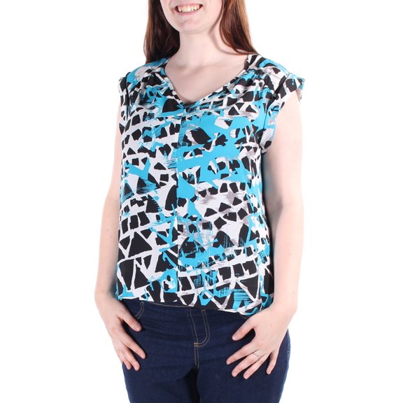 $90 NINE WEST Blue Printed Jewel Neck Cuffed Hi-Lo Top XS B+B
