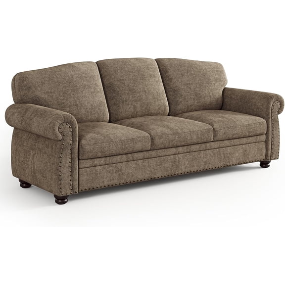 90" Nailhead Trim Couch, 23" Deep Seat, Rolled Arm Sofa, 3 Seater Chenille Couch, Farmhouse Style