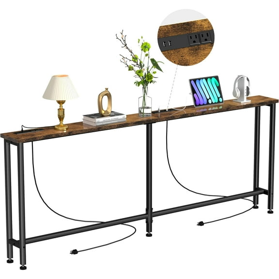 90" Narrow Sofa Table - 2 Power Outlets & 4 USB Ports, Metal Frame,Perfect for Hallway, Office, and Behind Sofa - Easy Assembly, 4.9ft Extension Cord Included Rustic Brown