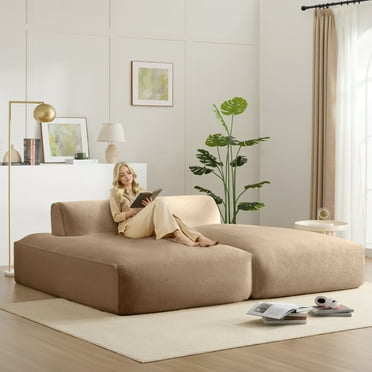 90" Oversized Double Chaise Lounge Indoor, Fluffy Modern Sleeper Loveseat Chair, Sectional Deep Seat Sofa Bed for Living Room, No Assembly Required, Khaki