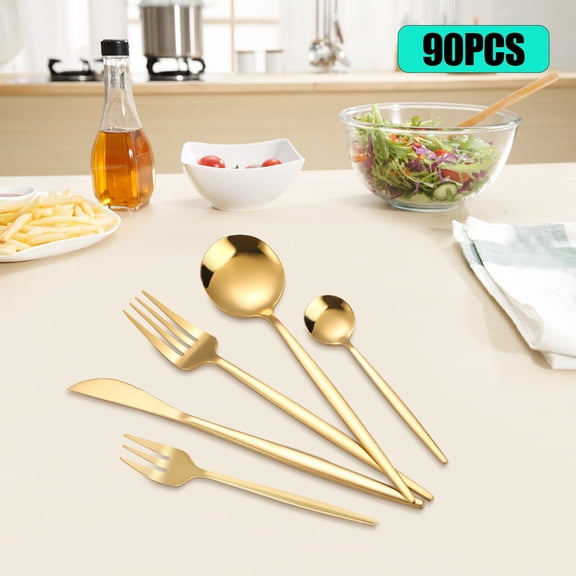 90 PCS Dinnerware Set, Gold Flatware Cutlery Set, Stainless Steel Utensils Set(Spoon, Fork, Cutlery) for Home Restaurants