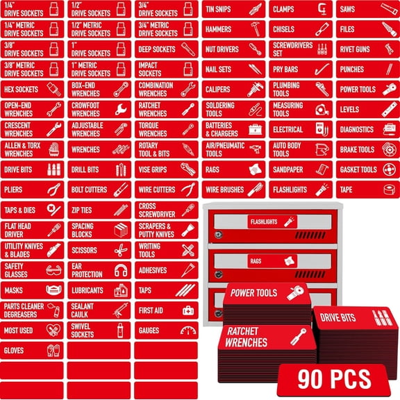 90 PCS Magnetic Toolbox Labels, 82 Pre-Printed & 8 Blanks Large Size Tool Chest Organizer Labels Strong Magnetic & Easy to Read Printing Fits All Brands of Steel Tool Box Drawers (Red, 3.5” x 1”)