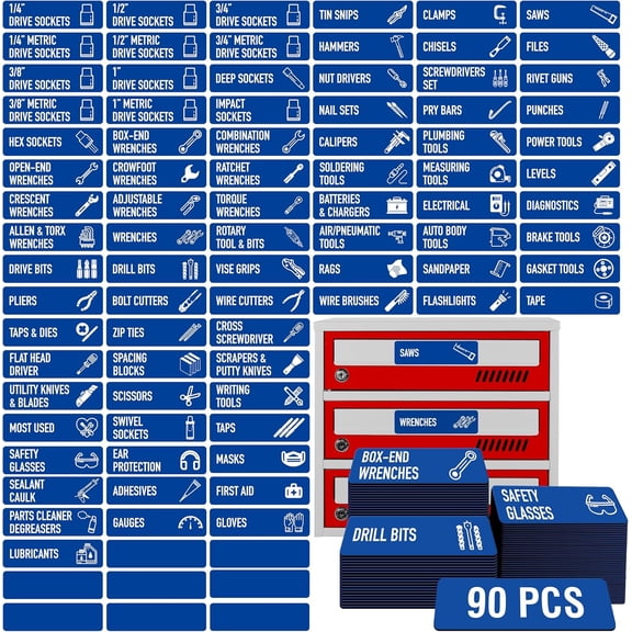 90 PCS Magnetic Toolbox Labels, 82 Pre-Printed & 8 Blanks Large Size Tool Chest Organizer Labels Strong Magnetic & Easy to Read Printing Fits All Brands of Steel Tool Box Drawers (Blue, 3.5” x 1”)