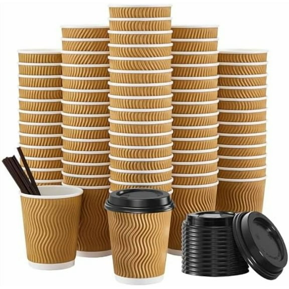 90 Pack - 8 oz Disposable Coffee Cups with Lids and Straws,To go Coffee Cups,Insulated Corrugated Paper Cups,Kraft Ripple Wall Cups for Hot Beverage or Cold Drinks -Champagne