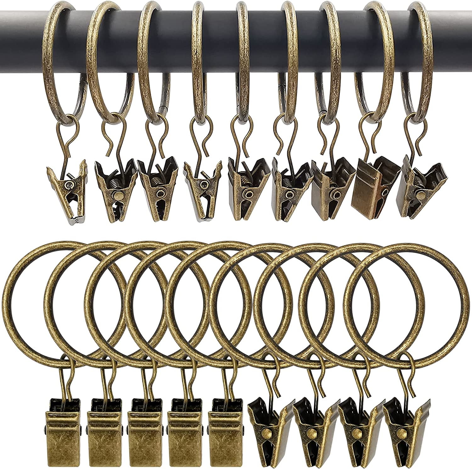 90 Pack Curtain Rings with Clips, Drapery Clips with Rings, Hangers Drapes Rings 1.26 Inch Interior Diameter, Fits up to 1 Inch Curtain Rod, Vintage Bronze