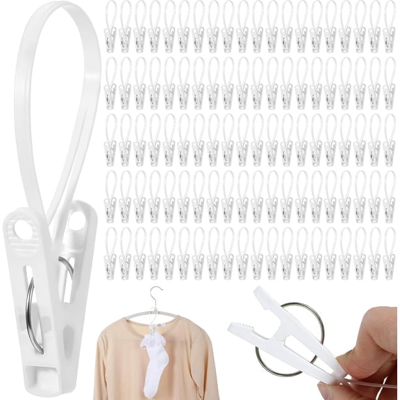 90 Pack Multi-Purpose Laundry Hooks Hanging Clips Bulk with Plastic Rope, White Clips for Hangers, Plastic Hanger Clip for Pants Hat Sock Boot Bra Towel Bathroom Wardrobe Kitchen (White)
