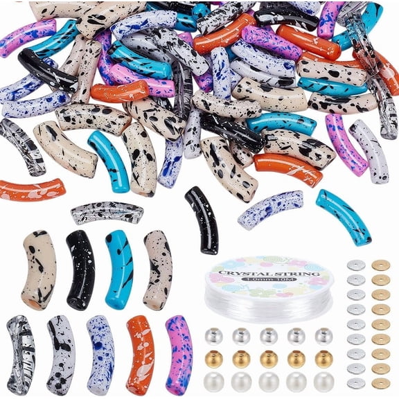 90 Pcs 9 Colors Curved Tube Beads Acrylic Bamboo Tube Beads Noodle Beads Brass Round Beads Flat Round Spacer Beads Elastic Strings