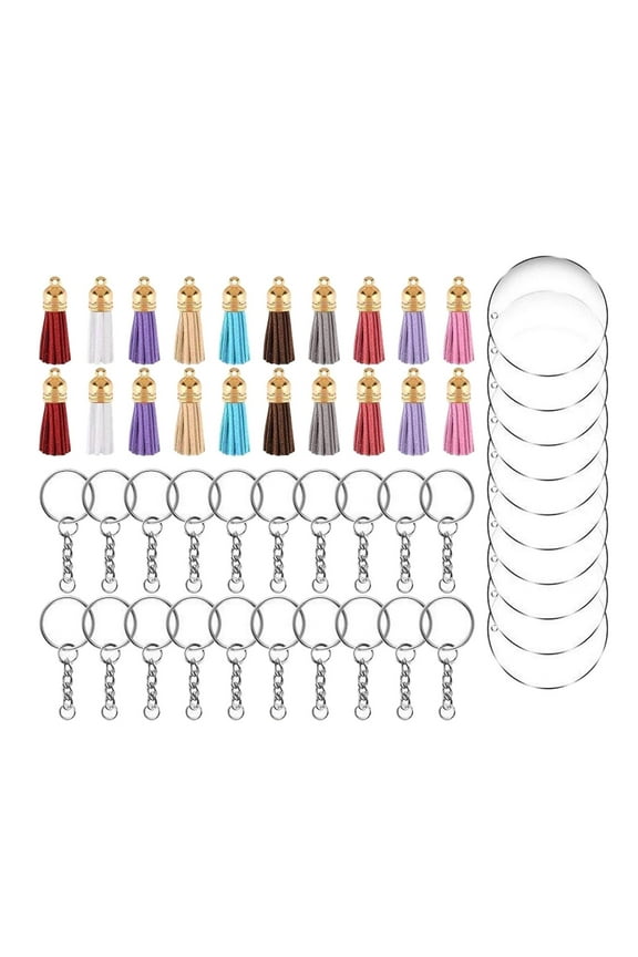 90 Pcs Keychain Tassels DIY Set, Clear Acrylic Circle with Hole, Colorful
