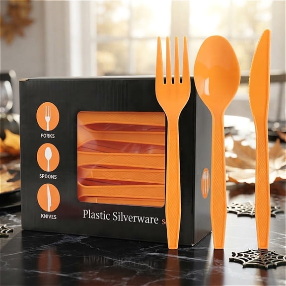 90 Pcs Orange Disposable Plastic Silverware Set, Forks Spoons Knives for Fall Party