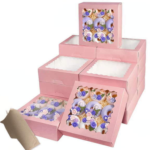 90 Pcs Pink Pie Boxes 8x8x2.5 Inches Easy Assemble Bakery Boxes with Window