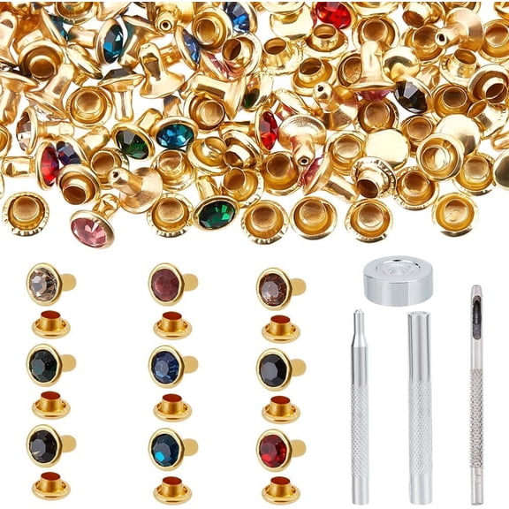 90 Pcs Round Brass Rivets Semi-Tublar Rivets Brass Rivets Studs with Steel Hole Punch Tool Sets Rhinestone Rivets for Leathers Craft Making and Decoration