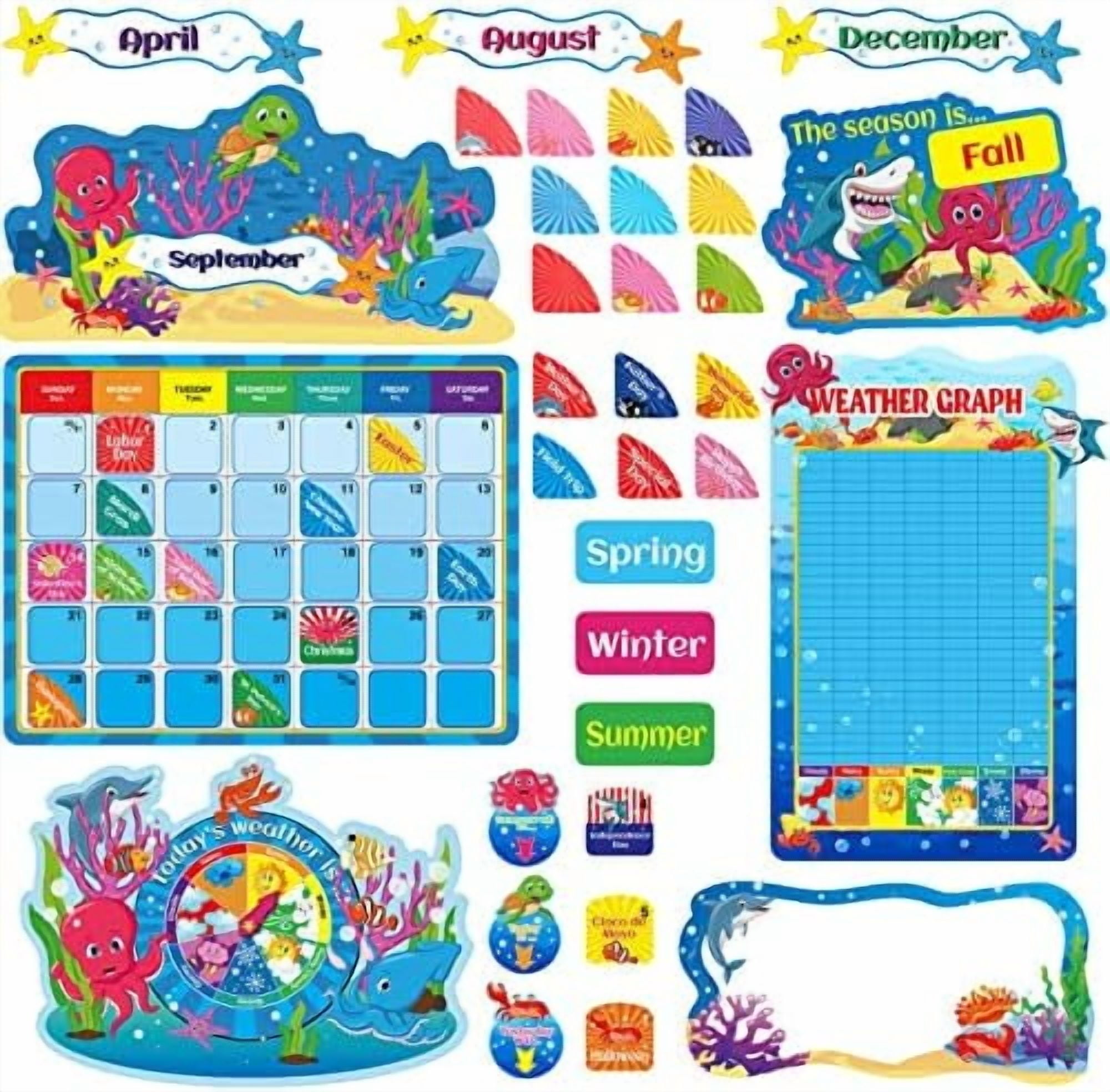90 Pcs Sea Calendar Bulletin Board Set Pocket Chart Seasons Weather ...