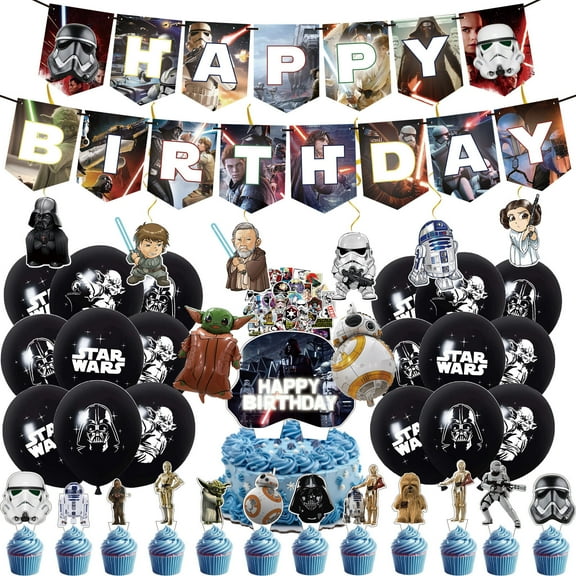 90 Pcs For Star Theme For Wars Birthday Party Decorations,Party Supply Set for with 1 Happy Birthday Banner Garland,18 Balloons,13 Cupcake Toppers,6 Spiral Ornament,2 Foil Balloons,50 Stickers