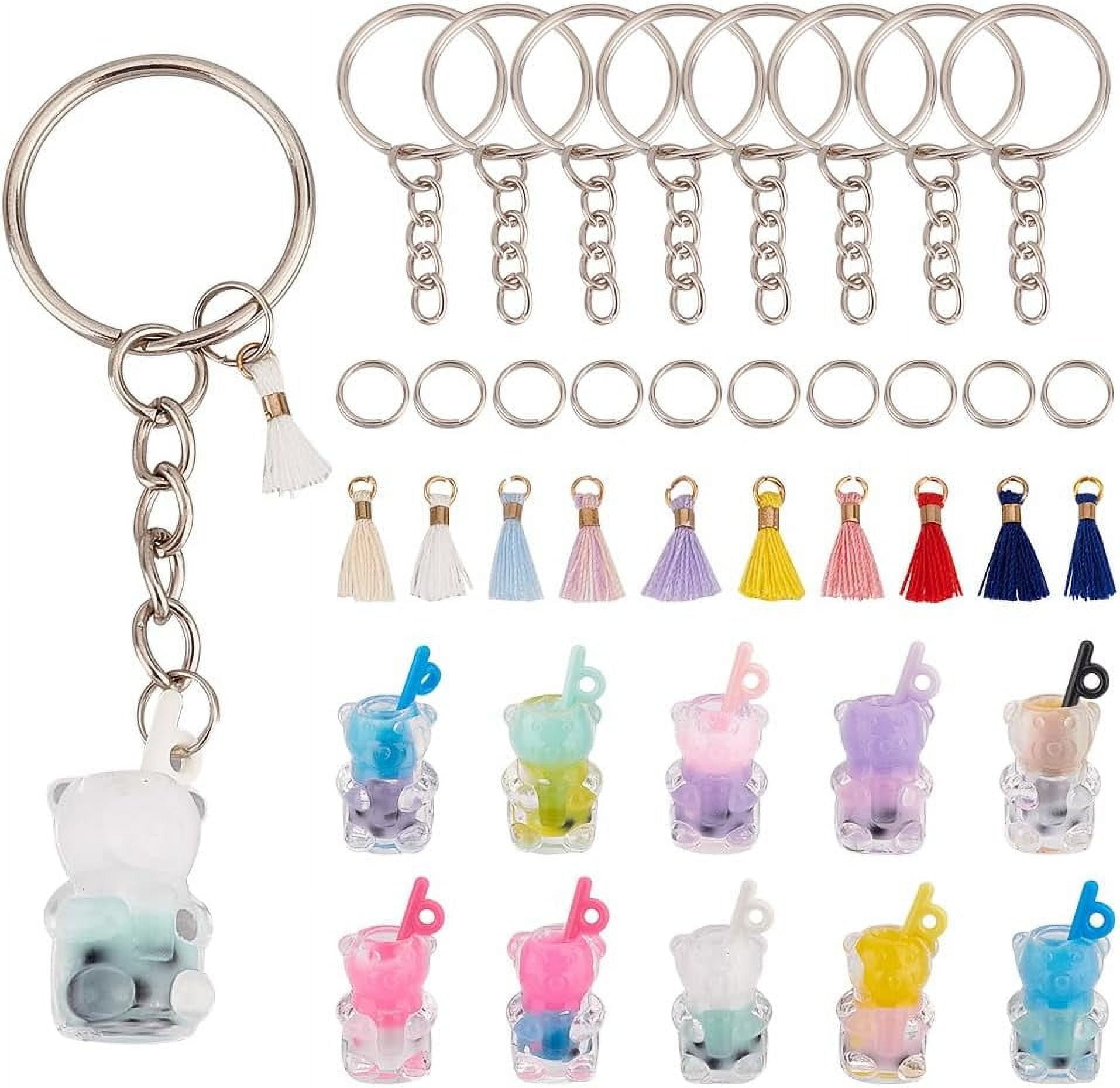 90 Pcs Tea Keychain Kit 10 Colors Bear Mini Cup Charms Tassels Pendant ...