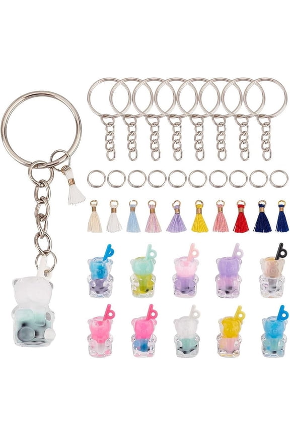 90 Pcs Tea Keychain Kit 10 Colors Bear Mini Cup Charms Tassels Pendant Split Rings Chain Tea Keychain Accessories Set for DIY