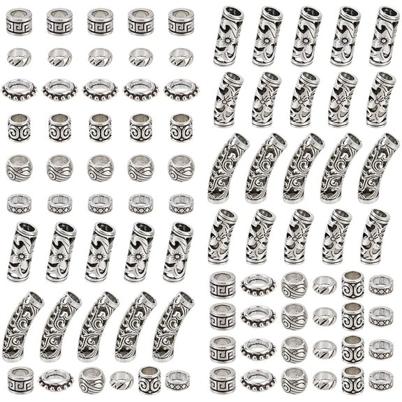 90 Pcs Tibetan Style Alloy Beads 9 Kinds of Loose Braiding Hair Beads Metal Dreadlocks Tube Column Round Rondelle Beads for African DIY Hair Braiding Ponytail Decoration Silver