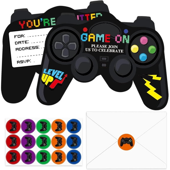 90 Pcs Video Game Birthday Party Invitations Cards with Envelopes Supplies Fill In Invite Stickers for Kids Boys Girls Lovers Decorations Favor