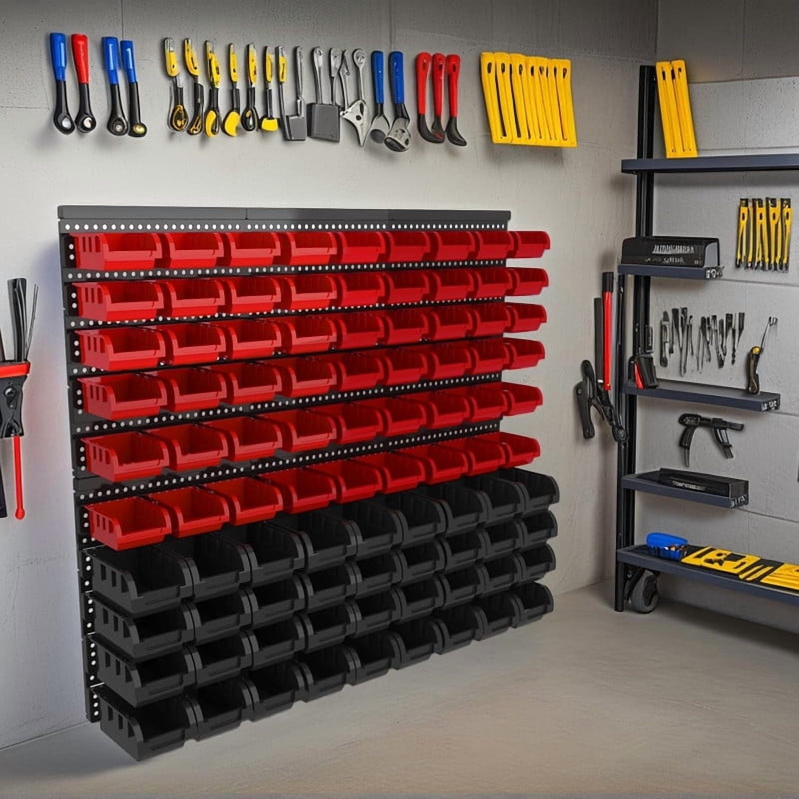 90 Pcs Wall Mounted Storage Bins, Plastic Adjustable Hardware Organizer for Garage, Workshop Wall Storage Rack