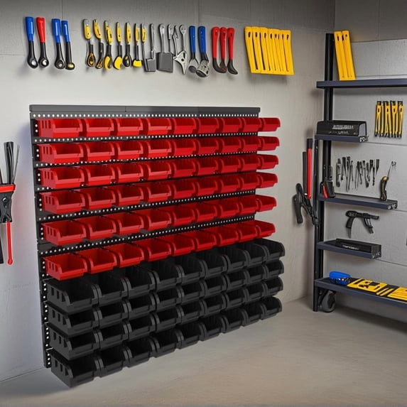 90 Pcs Wall Mounted Storage Bins, Plastic Adjustable Hardware Organizer for Garage, Workshop Wall Storage Rack