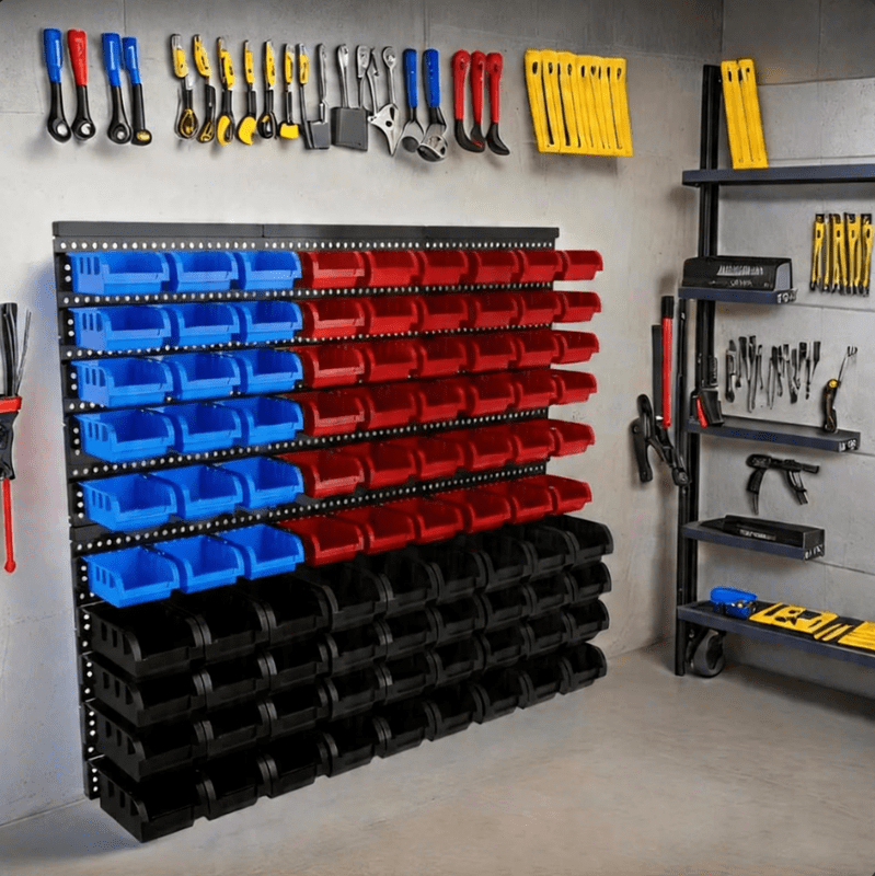 90 Pcs Wall Mounted Storage Bins, Plastic Adjustable Hardware Organizer for Garage, Workshop Wall Storage Rack