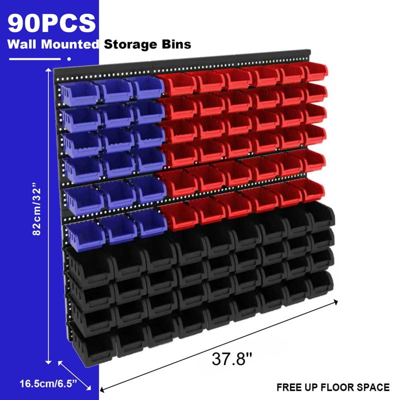 90 Pcs Wall Mounted Storage Bins with 6 Peg Boards Set, Garage Organizer Storage Shelf Unit