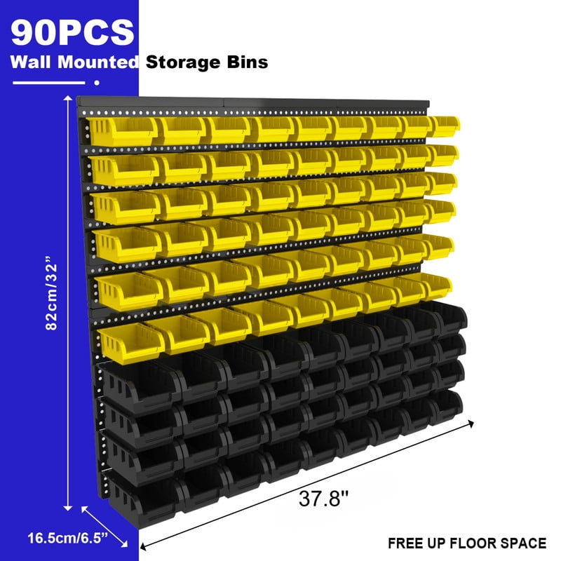 90 Pcs Wall Mounted Storage Bins with 6 Peg Boards Set, Garage Organizer Storage Shelf Unit